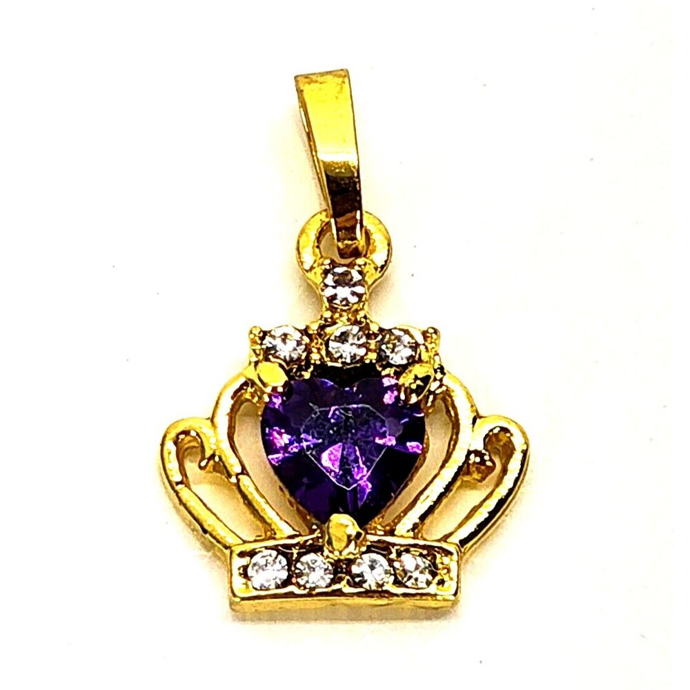 Crown Heart Pendant Amethyst & Cubic Zirconia Diamond, 18K Yellow Gold on Silver